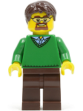 LEGO cty0352 Green V-Neck Sweater, Dark Brown Legs, Dark Brown Short Tousled Hair, Safety Goggles