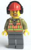 LEGO trn238 Light Orange Safety Vest, Dark Bluish Gray Legs, Red Construction Helmet with Headset, Brown Moustache and Goatee